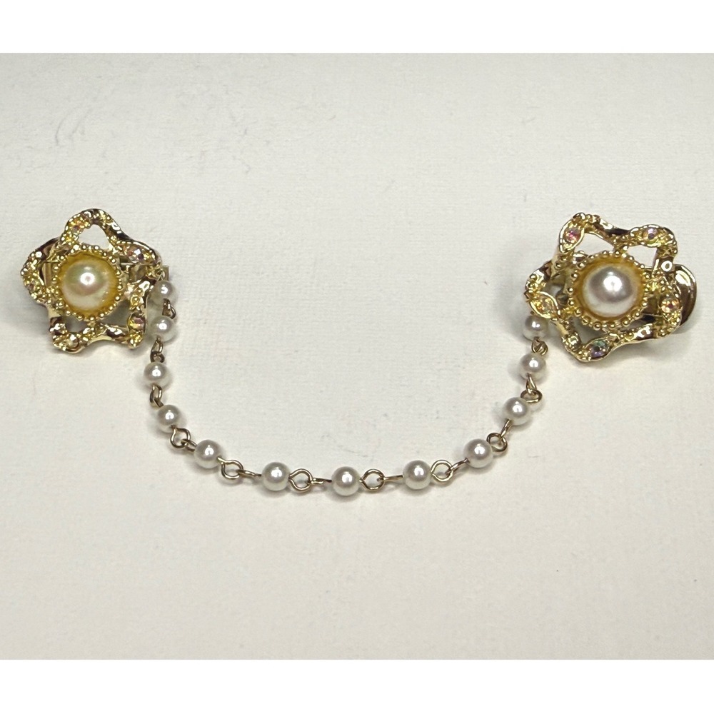 Vintage Gold Tone Sweater Clip Faux Pearls Rhinestones Floral MCM
